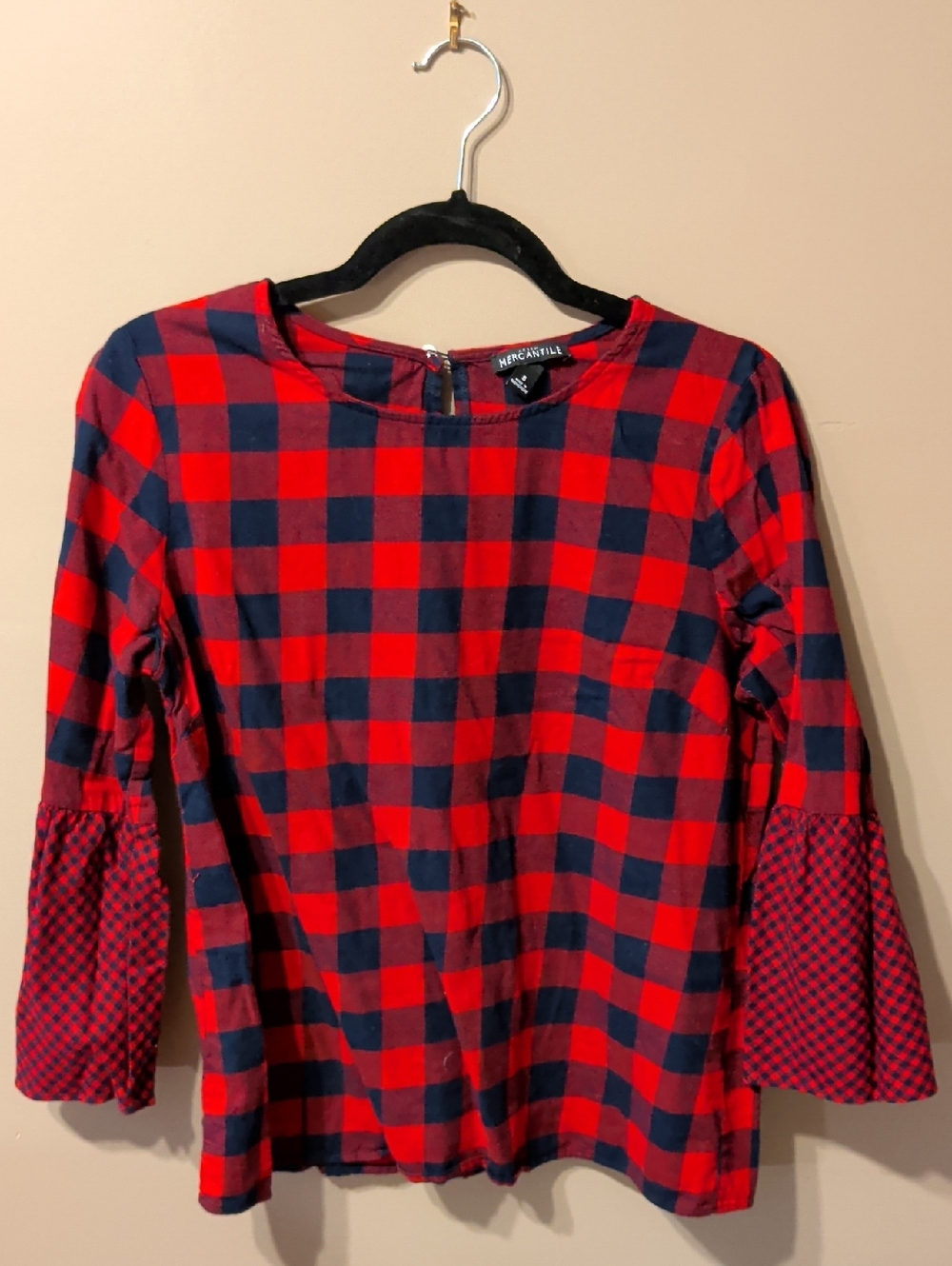 Mercantile Red and Navy Plaid Bell Sleeve Top